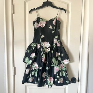 Vintage 80s Rose Floral Tiered Ruffle Mini Dress - Made in USA - Taffeta Feel